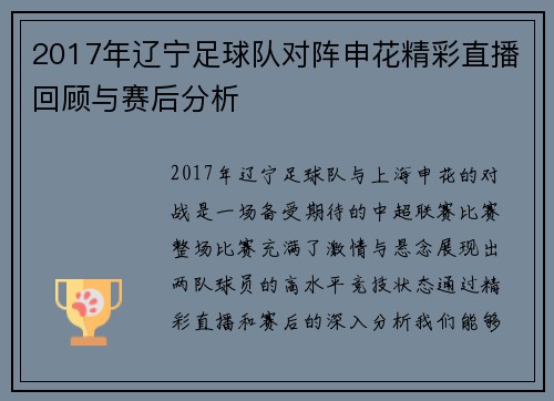 2017年辽宁足球队对阵申花精彩直播回顾与赛后分析
