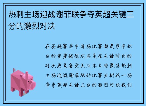 热刺主场迎战谢菲联争夺英超关键三分的激烈对决